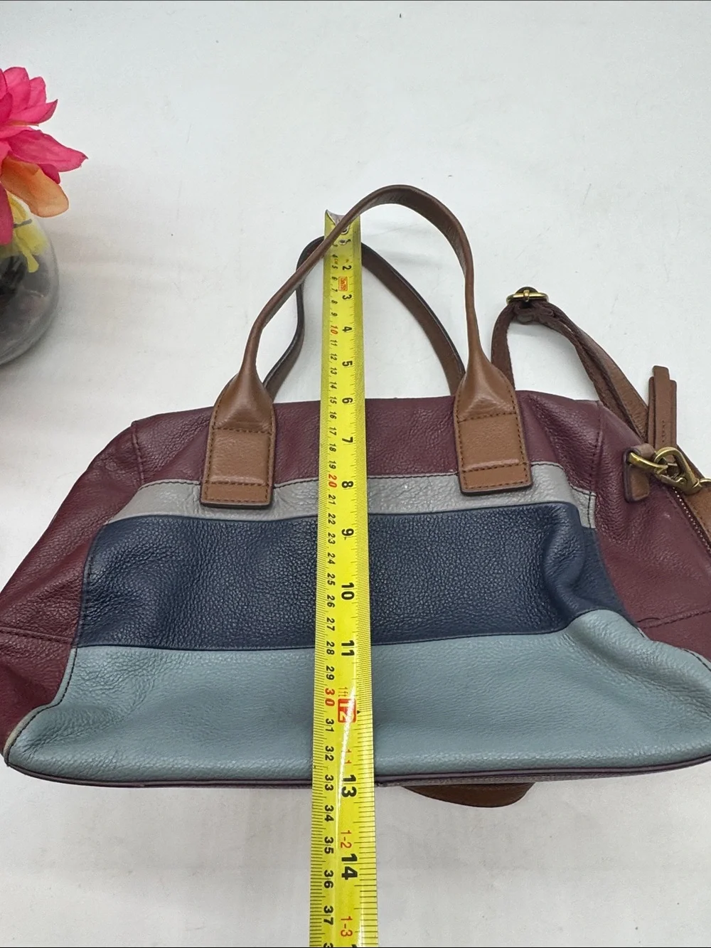 Fossil Leather Colorblock Satchel Bag in Burgundy, Navy & Gray
